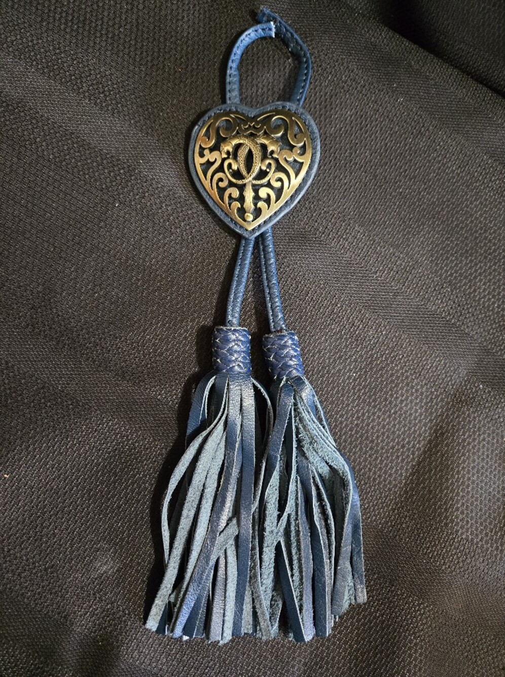 Sharif Heart Double Tassel Bag Charm in Navy Leather "RESCUED"